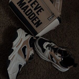 Steve Madden Black and Tan Sneakers with Bag